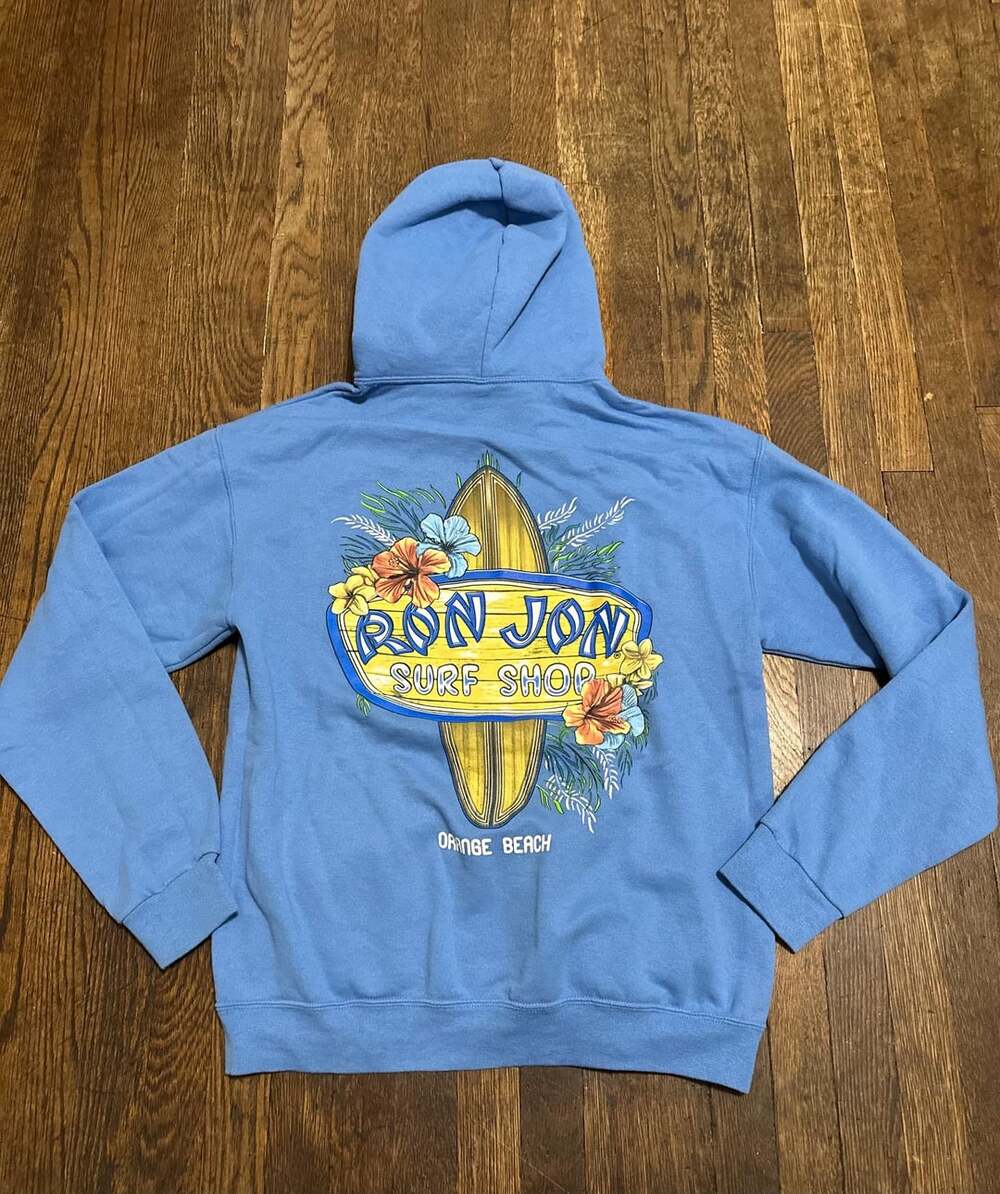 Ron Jon Surf Shop Orange Beach Graphic Pullover Hoodie Light Blue Size Medium